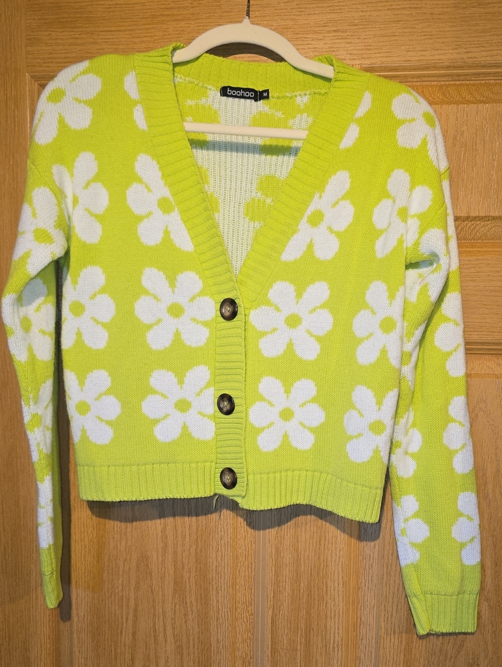 Boohoo Lime Green Daisy V-Neck Button Cardigan
